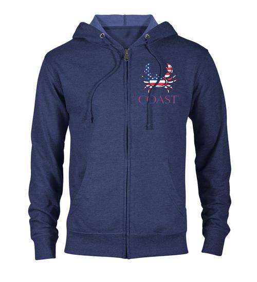 Navy zip hoodie - american crab logo on chest - red white and blue