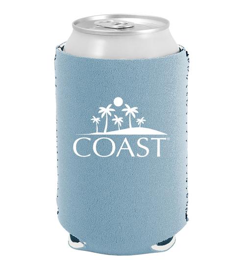 Coast beach design on light blue can insulator, can cooler