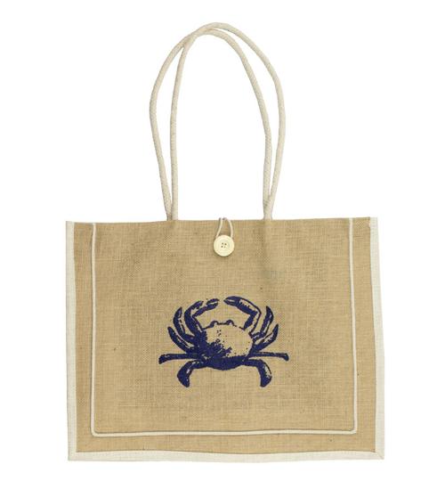 Jute Tote with Navy Crab and Cream Button